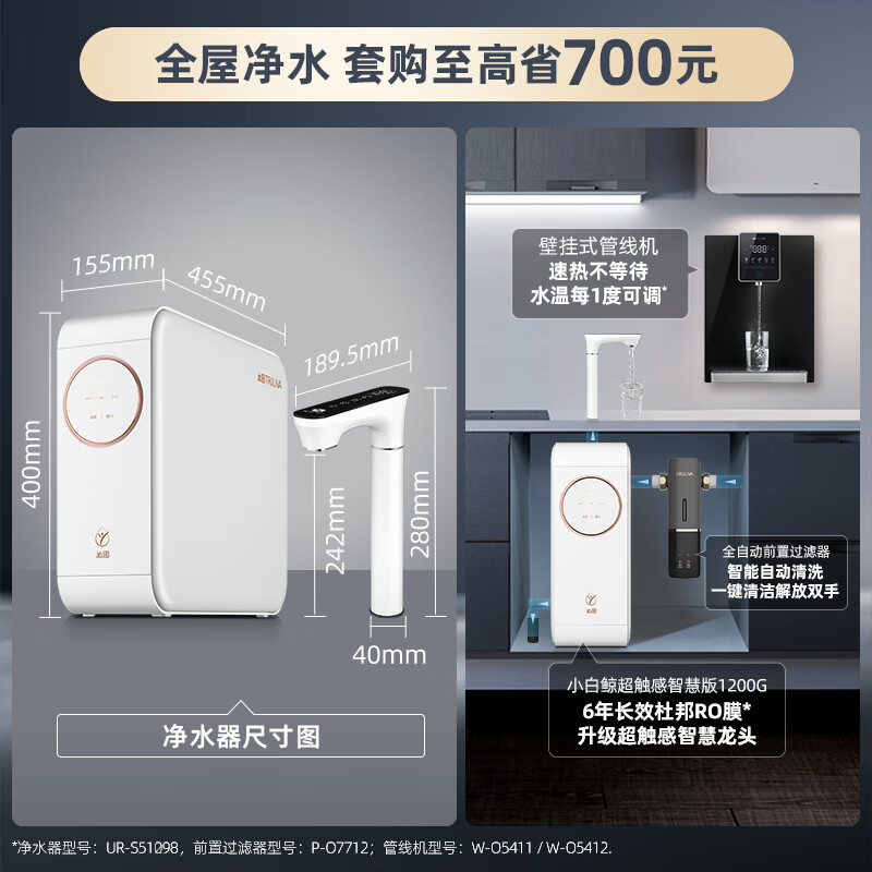 TRULIVA 沁园 触控屏 小白鲸PRO 1200G家用净水器UR-S51298 1599元（需用券）