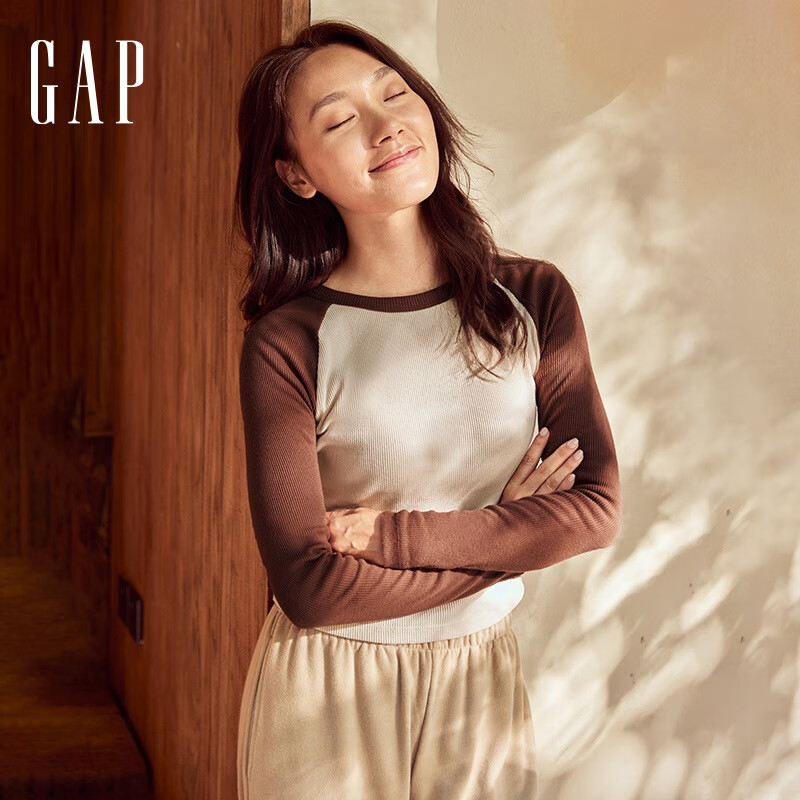 Gap 盖璞 女装秋季纯棉罗纹针织长袖T恤450802美式时尚插肩袖 棕色 160/80A(XXS) 3