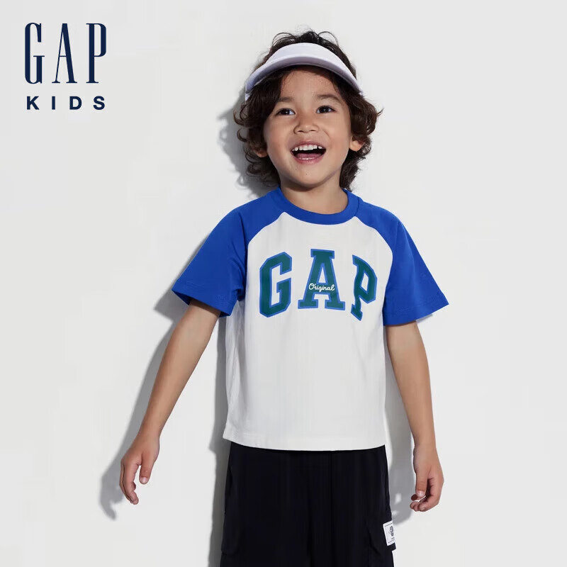 Gap 男童2024春季logo撞色插肩袖短袖T恤儿童装上衣510041 白绿撞色 100cm亚洲尺