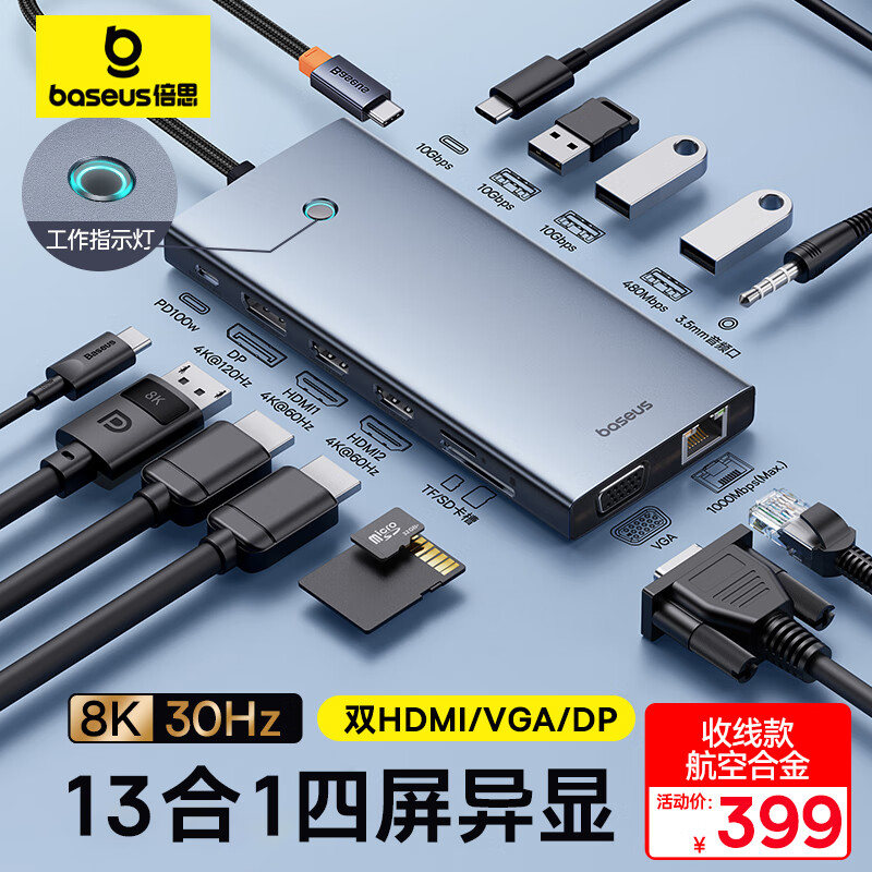 BASEUS 倍思 Type-C拓展坞双HDMI/DP/VGA四屏异显扩展坞HUB分线转换器 333.1元（需用