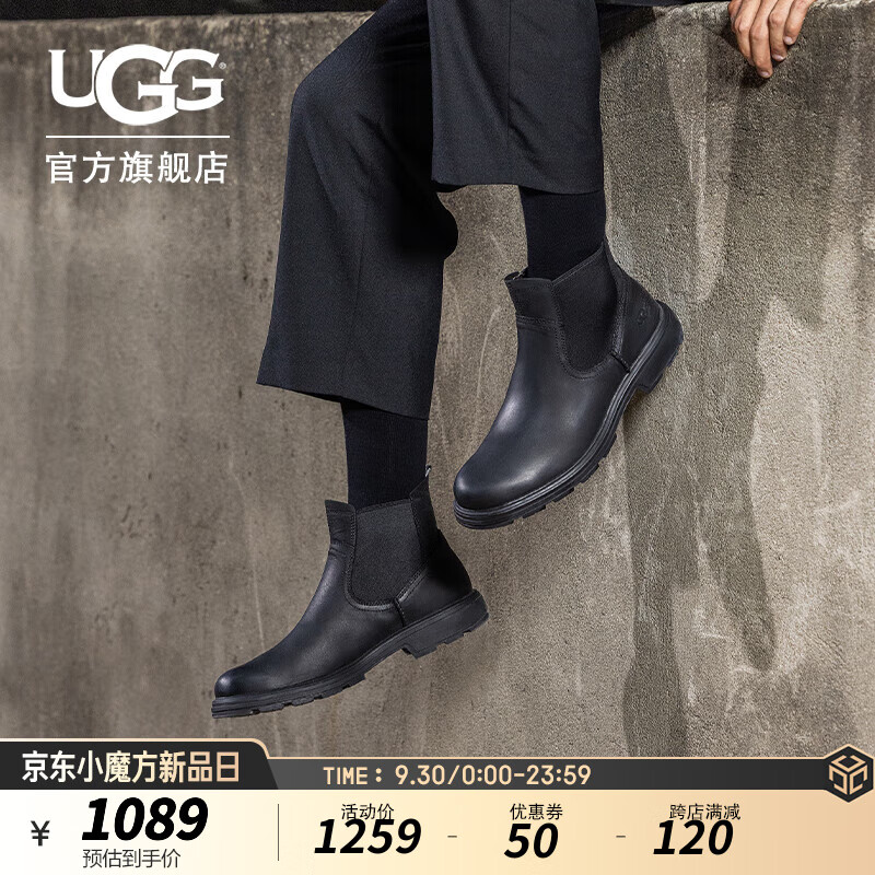 UGG 秋季男士舒适潮流时尚纯色圆头骑士靴切尔西休闲短靴 1103789 BLK | 黑色 42