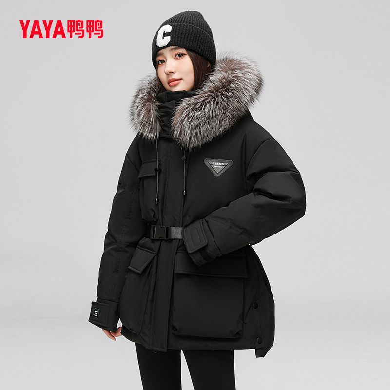 YAYA 鸭鸭 女士羽绒服 YE3B630412H-gf 2024冬季新品中长款连帽狐狸毛领时尚保暖 6