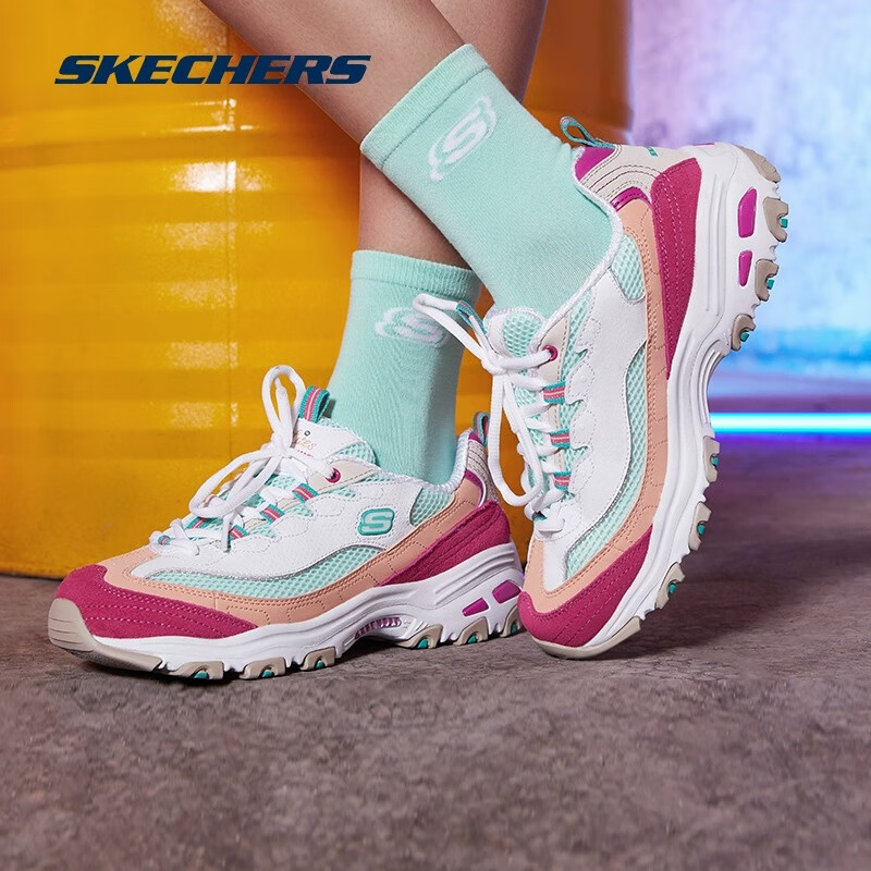 SKECHERS 斯凯奇 女鞋糖果熊撞色冰淇淋鞋运动鞋休闲增高减震老爹鞋 草莓夹