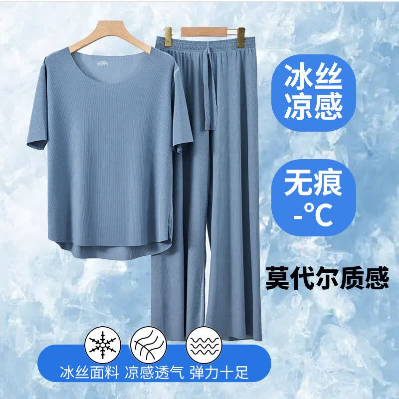 宜而爽 冰丝凉感 雾蓝 3XL 女士短袖家居服套装 69.9元（需用券）