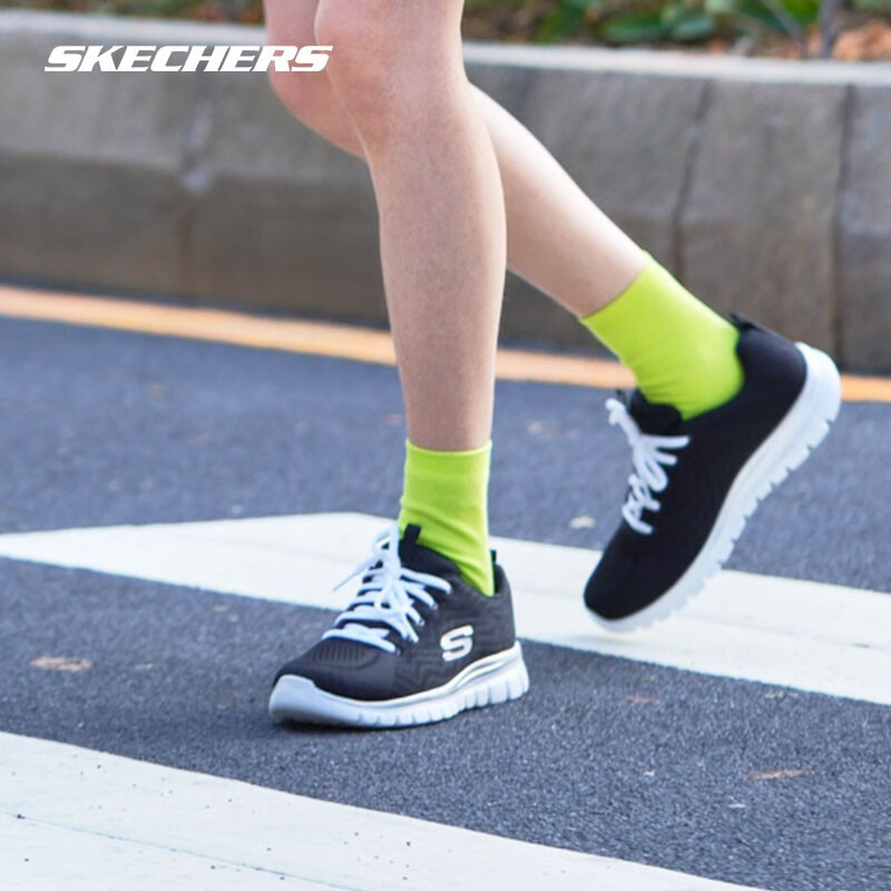 SKECHERS 斯凯奇 秋冬透气缓震运动轻便女子跑步鞋运动鞋女鞋 12615-BKW-C 黑色/