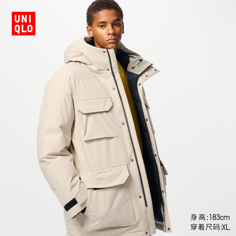 UNIQLO 男装/男女同款高级保暖羽绒茄克冰雪羽绒户外连帽外套477136 30 浅米色 