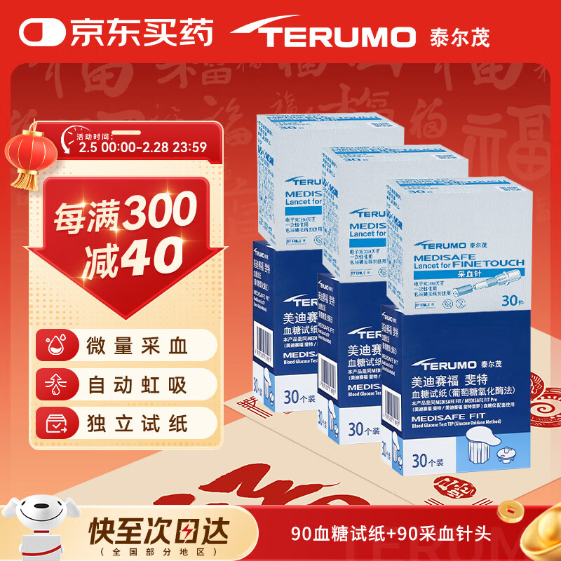 泰尔茂 TERUMO 血糖仪家用血糖试纸斐特FR201BC血糖仪专用 90片试纸+90支采血针 