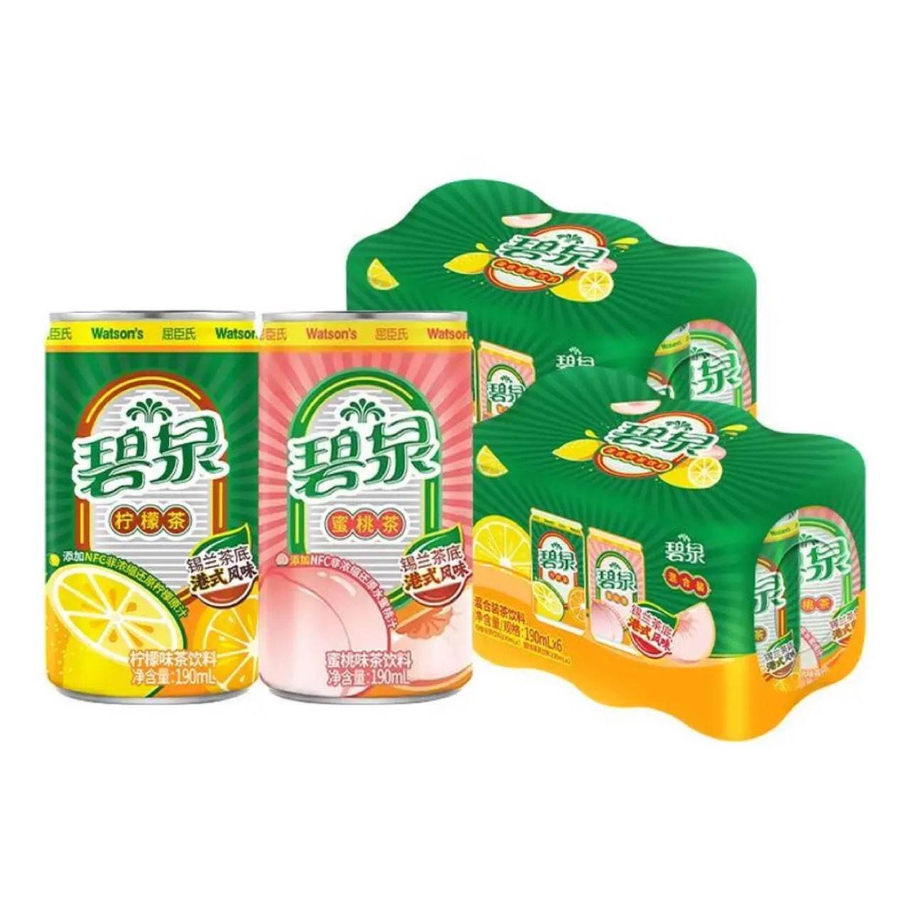 屈臣氏 碧泉 柠檬茶+蜜桃茶 饮料 190ml*12罐 仅1.35元/罐（共16.2元：需首购）