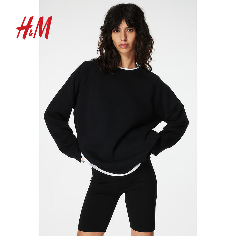 H&M 女装卫衣秋装女复古女士圆领慵懒上衣长袖绒衫0889828 黑色 165/96A 83.51元