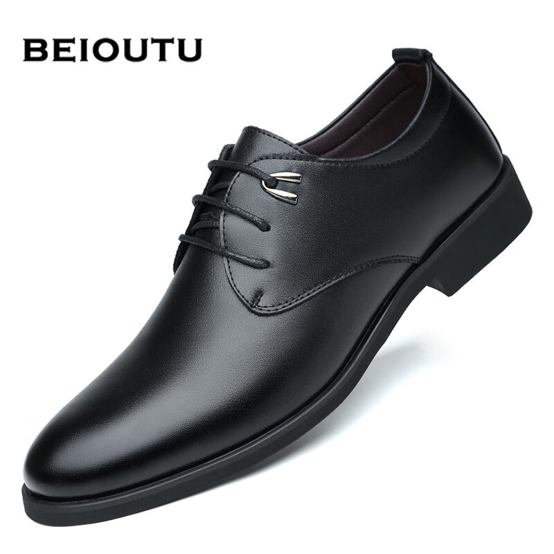 BEIOUTU 北欧图 皮鞋男士正装鞋时尚潮流系带结婚低帮牛皮商务休闲鞋 511 黑