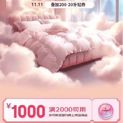 促销活动：京东双11 满2000-1000元 自营家居床品补贴券 有效期贯穿双11全期