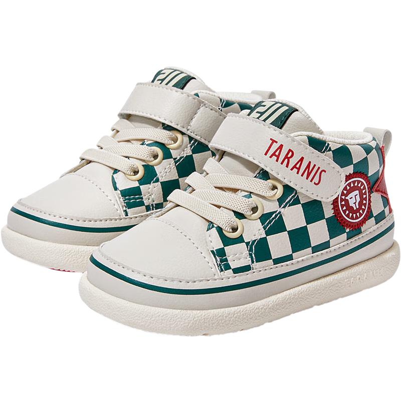 泰兰尼斯 211春季加绒男宝宝鞋女童鞋气泵防滑学步鞋防踢机能鞋子 绿/格纹 