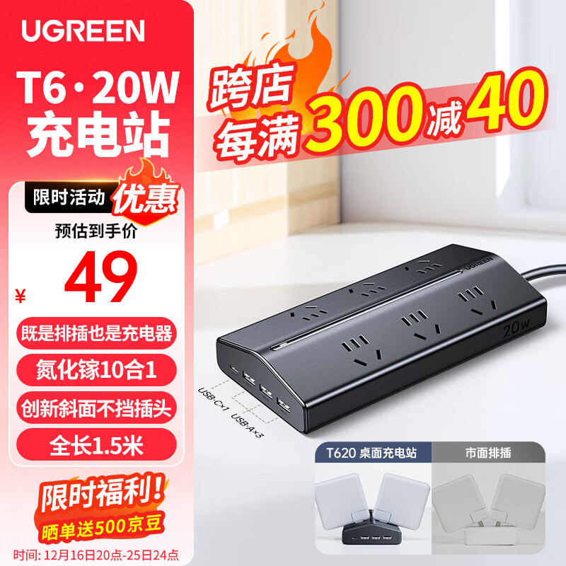 UGREEN 绿联 T620桌面充电站不挡插口排插氮化镓20W快充USB插座 49.55元