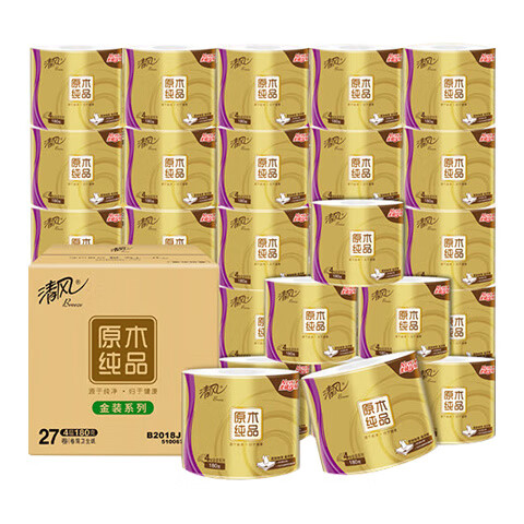 移动端、京东百亿补贴：Breeze 清风 原木金装 卷纸 4层180g27卷 49.9元