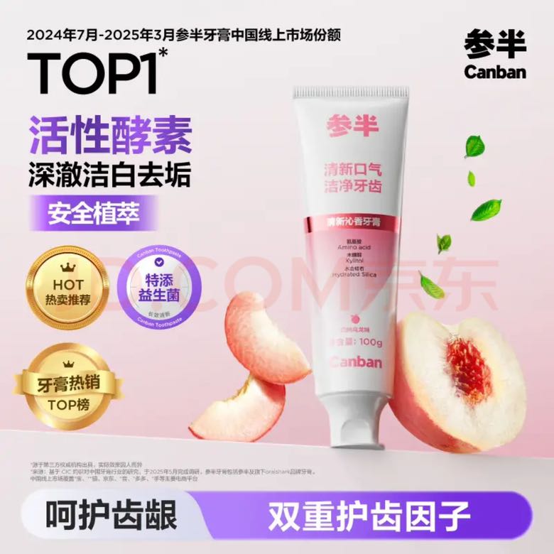参半 酵素洁白去渍牙膏 100g 白桃乌龙味 4.9元