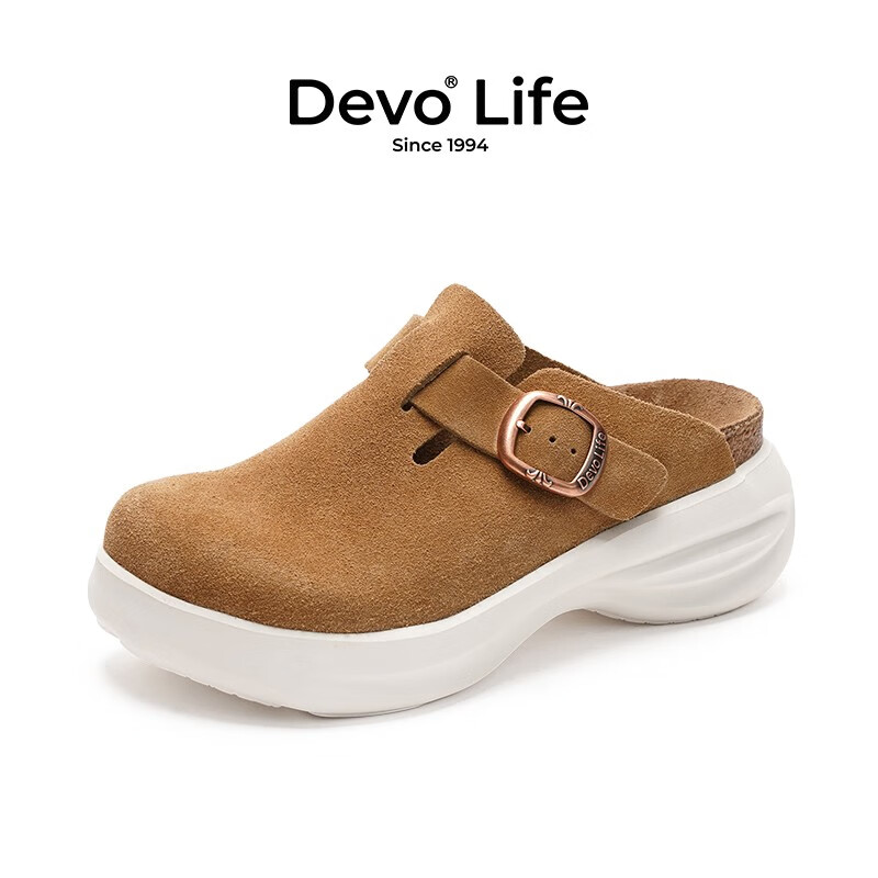 的沃 Devo 软木拖鞋厚底增高勃肯鞋 黄棕反绒皮 79元
