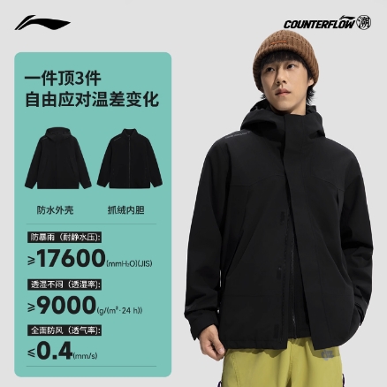 保暖服饰、88VIP：李宁 万龙甲 Polartec内胆三合一冲锋衣 AEMV063 416.2元（淘金