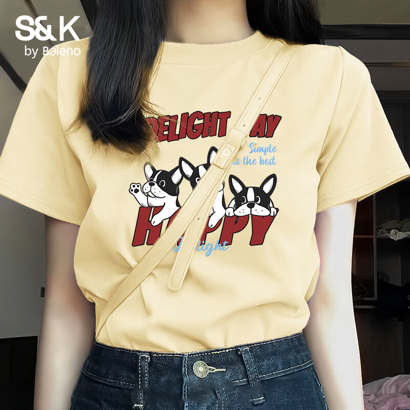 班尼路 100﹪纯棉短袖T恤女 鹅黄#红字小狗 22.91元/件（拍2件，共45.82元）