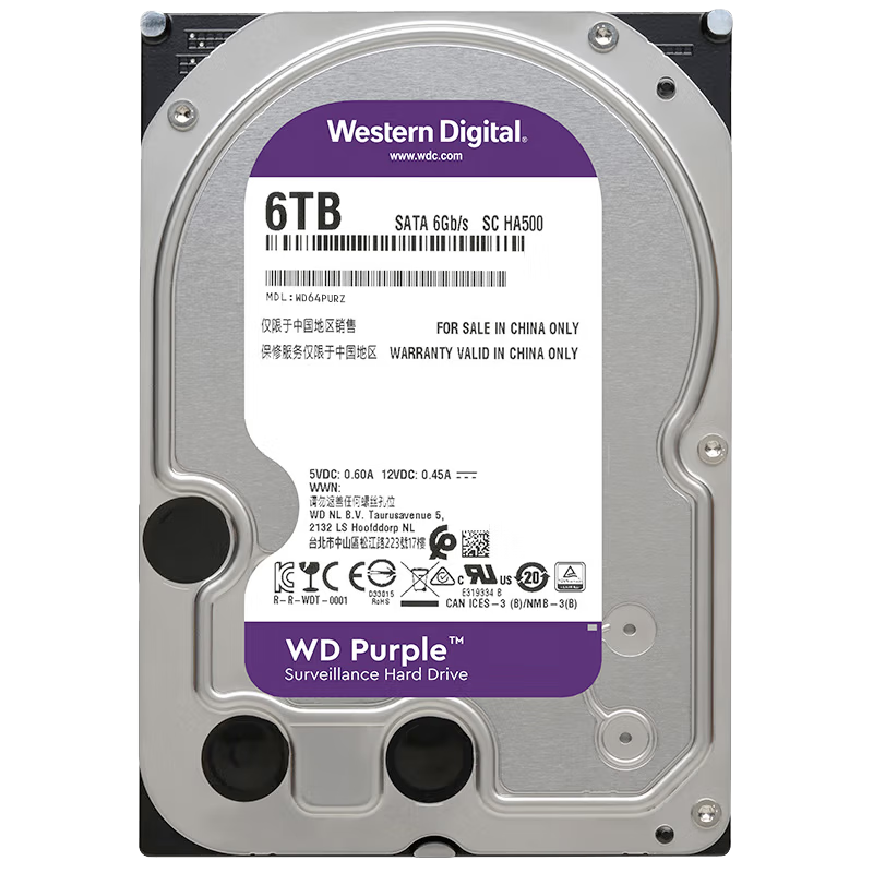 3.8节：西部数据 6TB 监控级机械硬盘 WD Purple 西数紫盘 SATA 256MB CMR垂直 3.5英