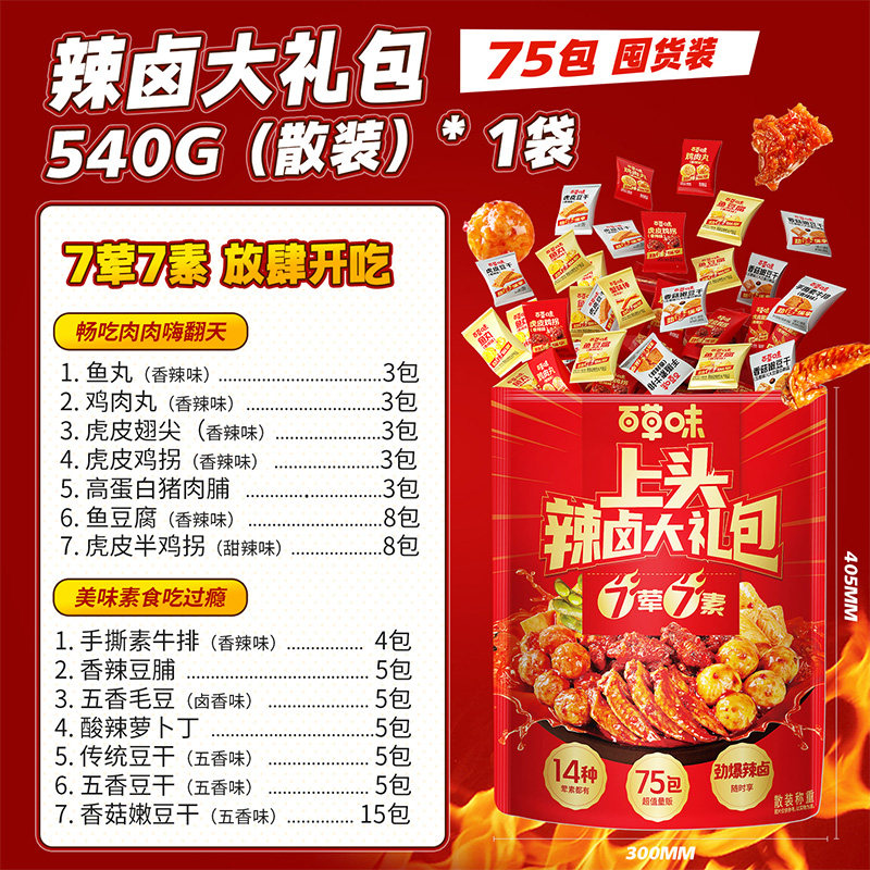 88VIP：百草味 辣卤组合休闲网红年货礼盒礼包 540g 17元（需用券）
