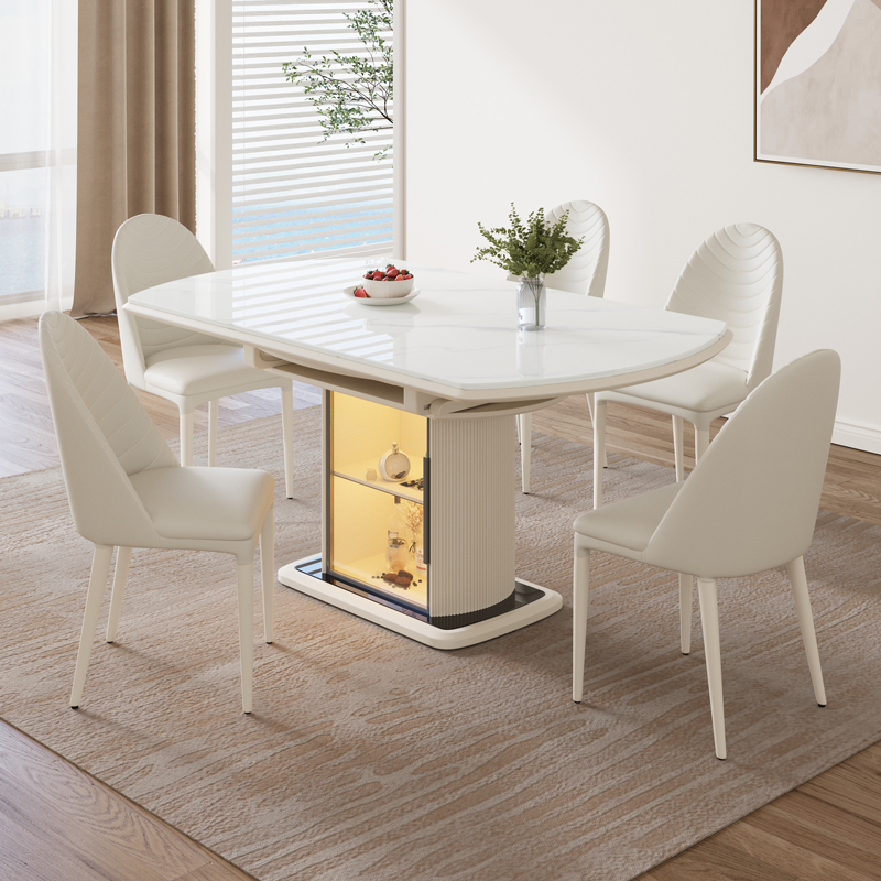 2024新款岩板餐桌小户型家用可变圆桌奶油风多功能储物伸缩餐桌椅 1640元（
