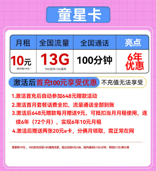 China unicom 中国联通 童星卡-月租10元（13G流量+6年优惠+100分钟）送40e卡