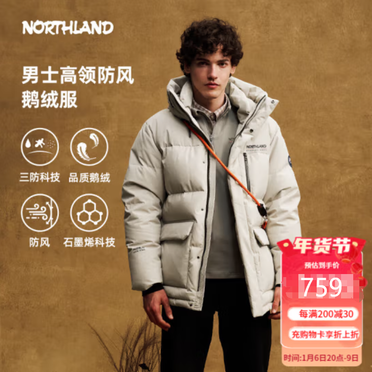 NORTHLAND 诺诗兰 户外三防极寒鹅绒服 石墨烯科技 759元（需用券）