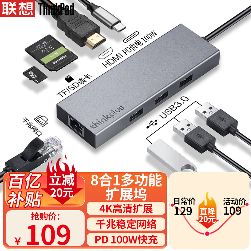 ThinkPad 思考本 联想 Type-C扩展坞 USB-C转HDMI转接头 分线器 千兆网口 华为苹果