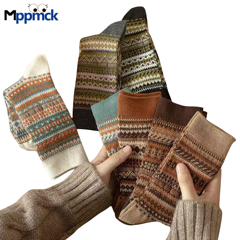 MPPMCK 美拉德复古袜子女秋冬款纯棉中筒袜2025爆款民族风长筒袜 5双 14.9元（