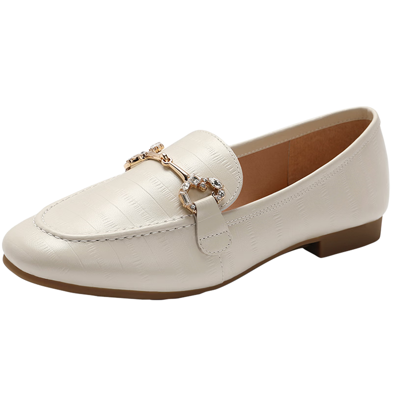 百丽 羊皮英伦风乐福皮鞋 平底豆豆女复古单鞋 A7H1D 米白 249元反50元e卡