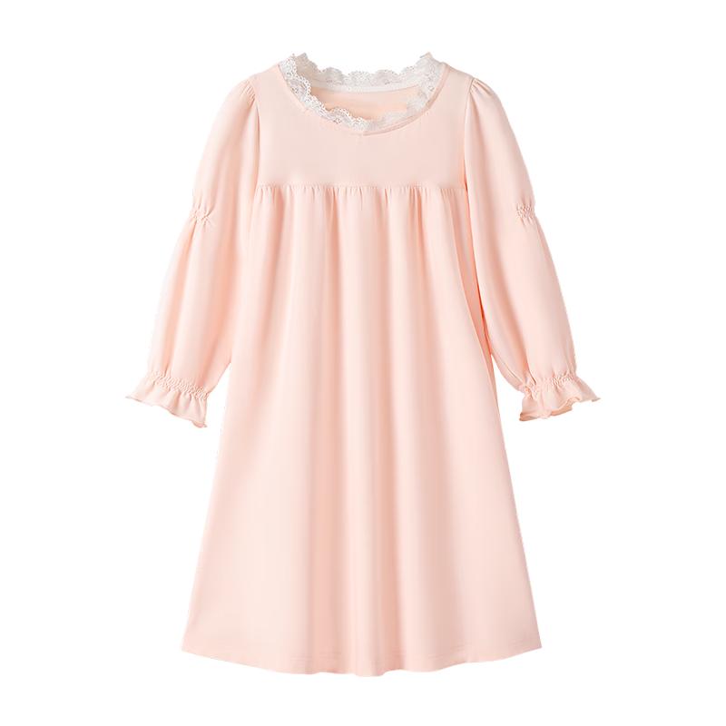 英氏 儿童睡裙女童莫代尔棉洋气长袖小女孩公主裙中大童春季睡衣 黄色 130c