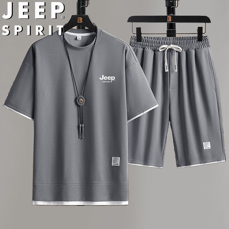 JEEP SPIRIT 吉普套装男夏季T恤短裤两件套休闲户外运动百搭男装 灰色 2XL 2XL（