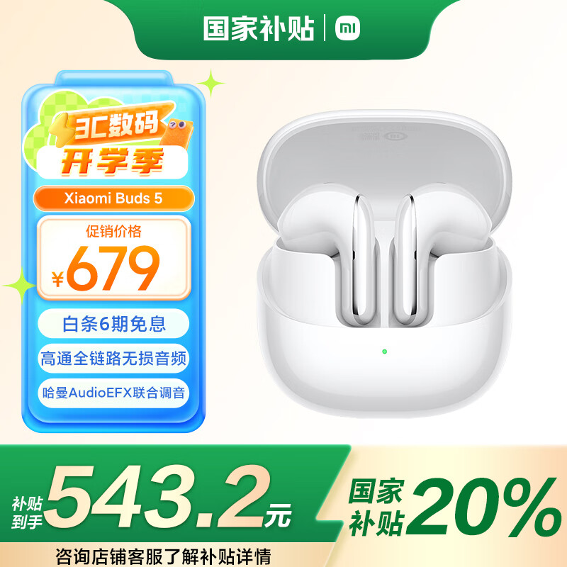 小米 Xiaomi Buds 5 半入耳式真无线主动降噪蓝牙耳机 雪山白 ￥540.48