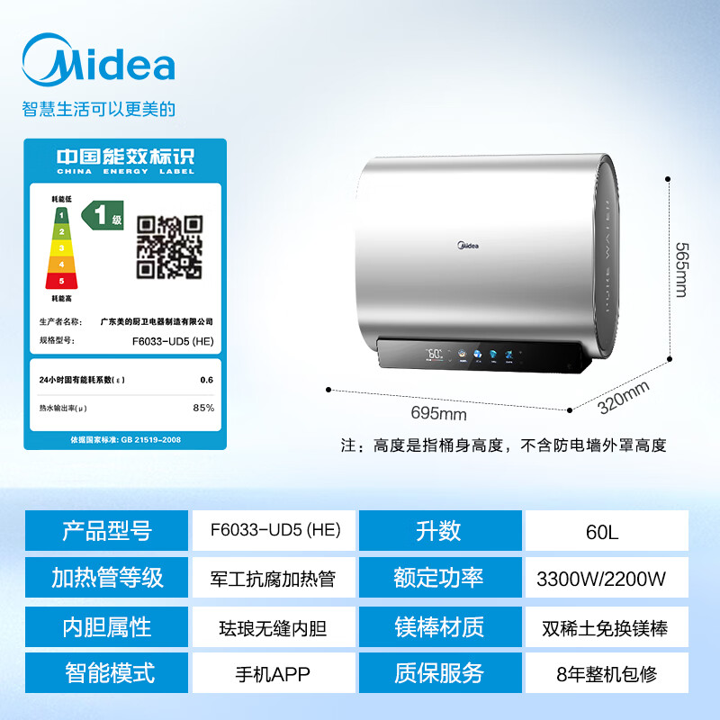 以旧换新补贴、PLUS会员：Midea 美的 F6033-UD5(HE) 电热水器 60升 1364.48元包邮（