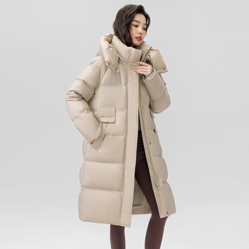 雪中飞 时尚百搭大口袋设计防风袖口温暖百搭女士中长款连帽羽绒服 卡其色 204元