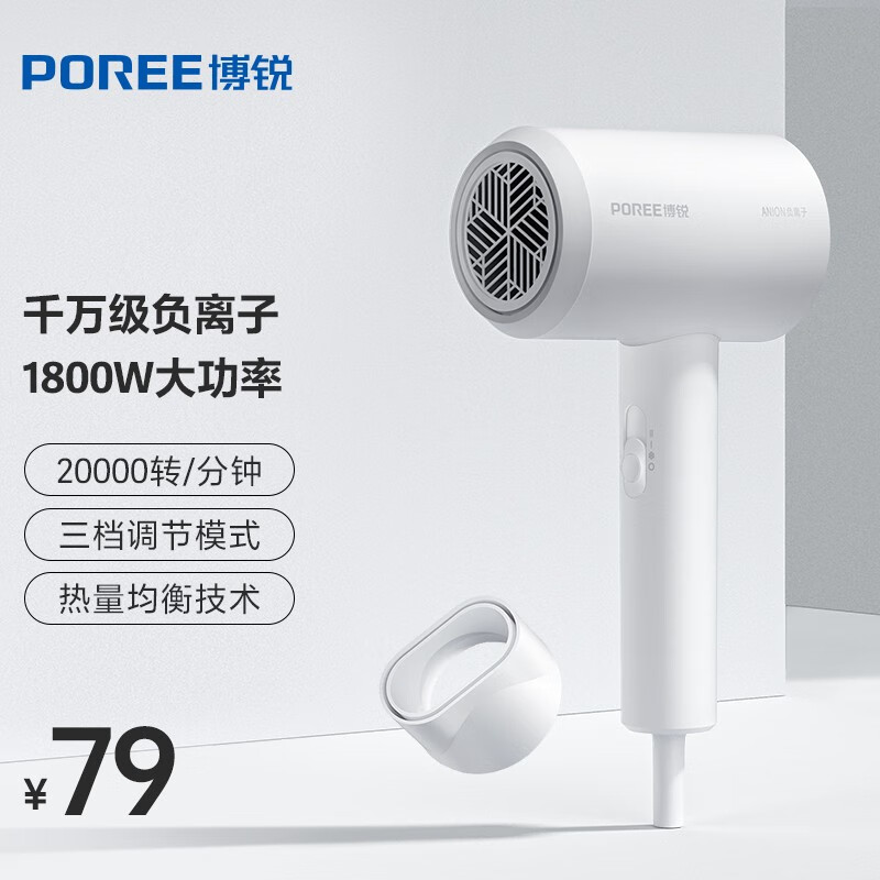 88VIP：POREE 博锐 PH1629电吹风机 柔风负离子 60.8元（需用券）