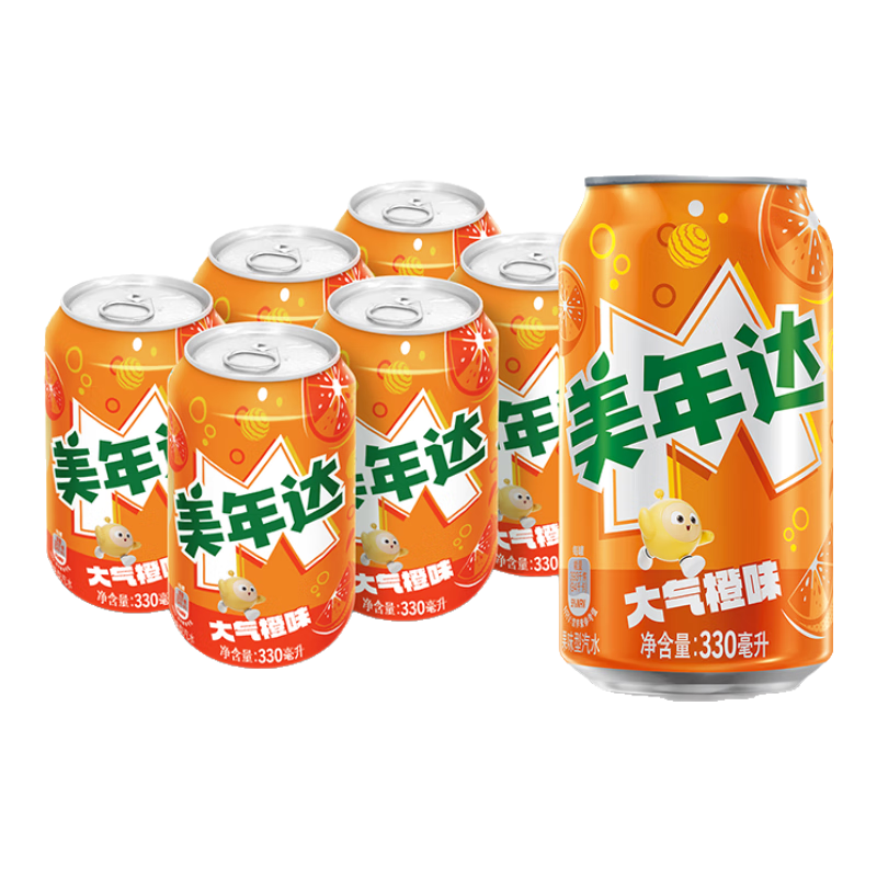 美年达 百事可乐美年达 大气橙味汽水碳酸饮料330ml*6听 新老包装随机 1元