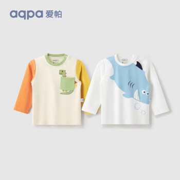 aqpa 春秋100%新疆棉，195克重T恤女童男童长袖宝宝儿童保暖打底衫 白底肯迪
