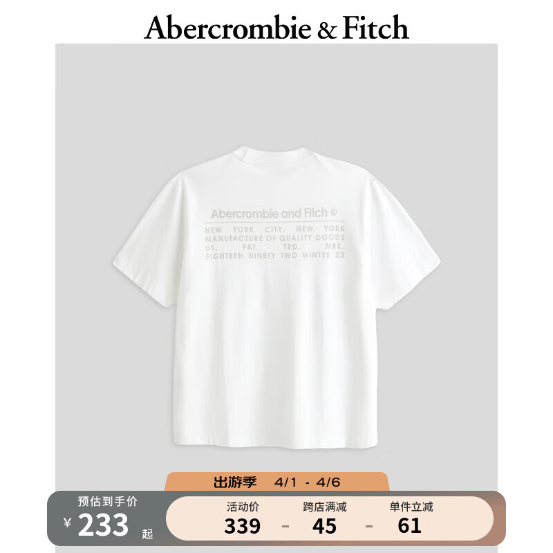 Abercrombie & Fitch 男装女装情侣装 24春夏新品 美式风复古T恤 359280-1 白色 M (180/100A) 236.88元
