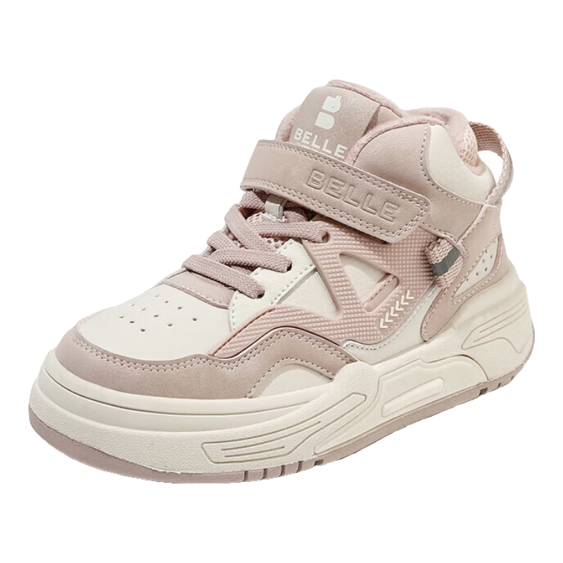 百丽 童鞋冬儿童运动鞋男女童加绒休闲鞋中大童软底板鞋 粉色34码 粉色-加