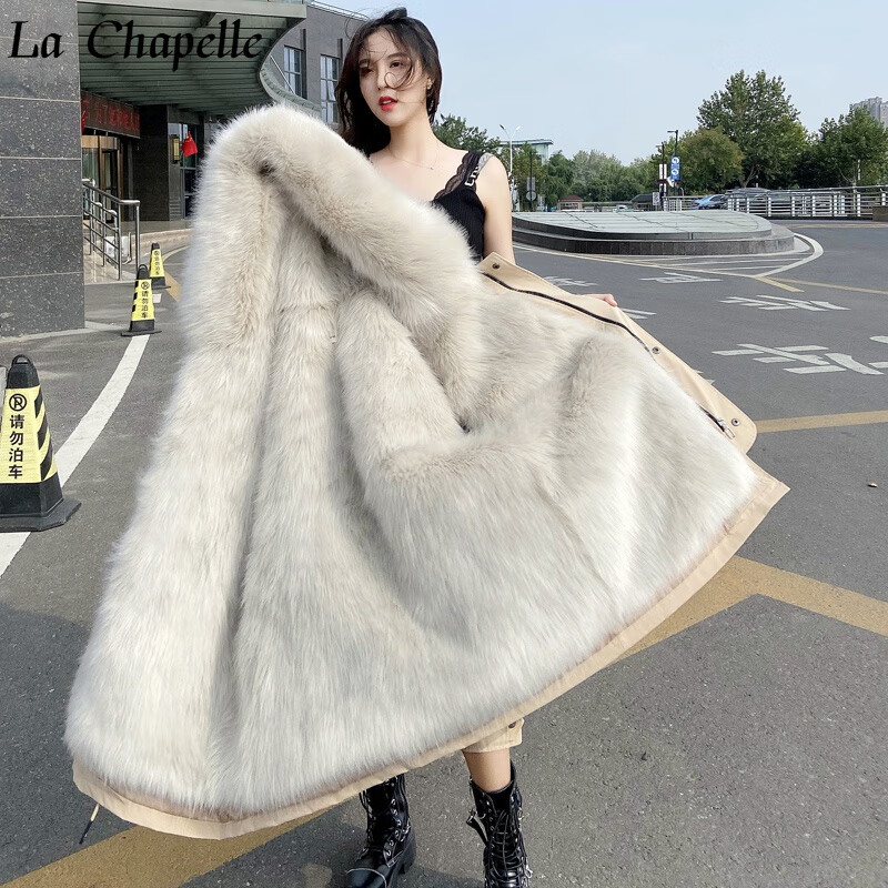 La Chapelle 品牌女装 派克服女新款2022冬季中长款 卡其外壳+卡其内胆 S 体重100