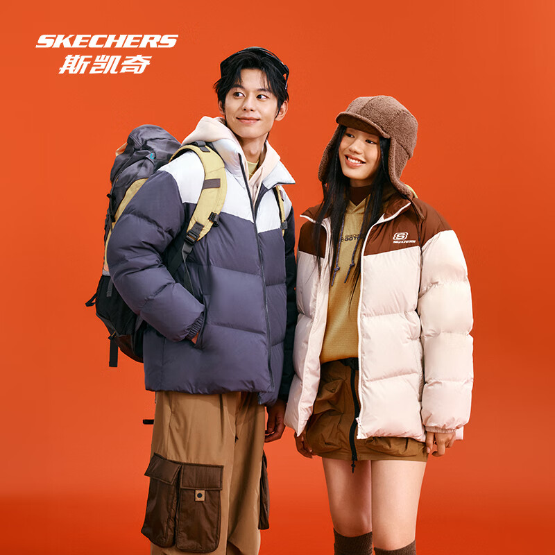 斯凯奇 面包服羽绒服冬季复古撞色男女款潮流保暖舒适运动外套 碳黑/0018 M 