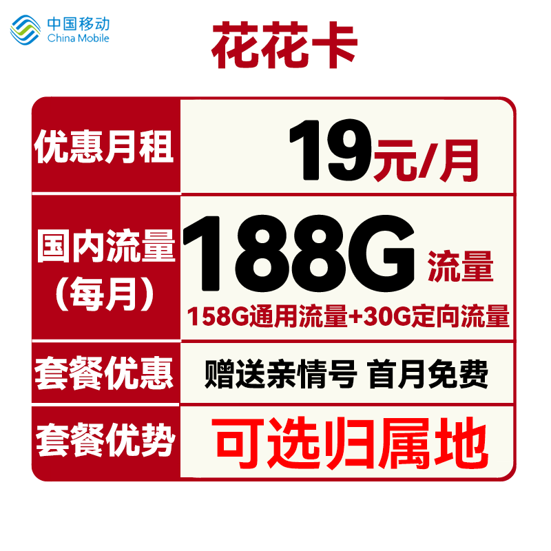 中国移动 花花卡 首年19元月租（158G通用流量+30G定向流量+可选归属地+首月