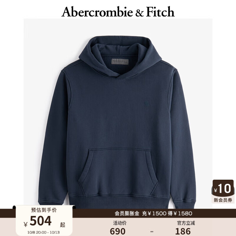 Abercrombie & Fitch 男装24春秋款时尚小麋鹿抓绒重磅黑色连帽卫衣KI122-4273 藏青