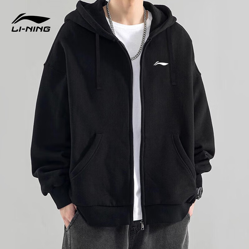 LI-NING 李宁 卫衣男秋冬季长袖开衫连帽外套上衣情侣休闲宽松跑步运动服XL 1