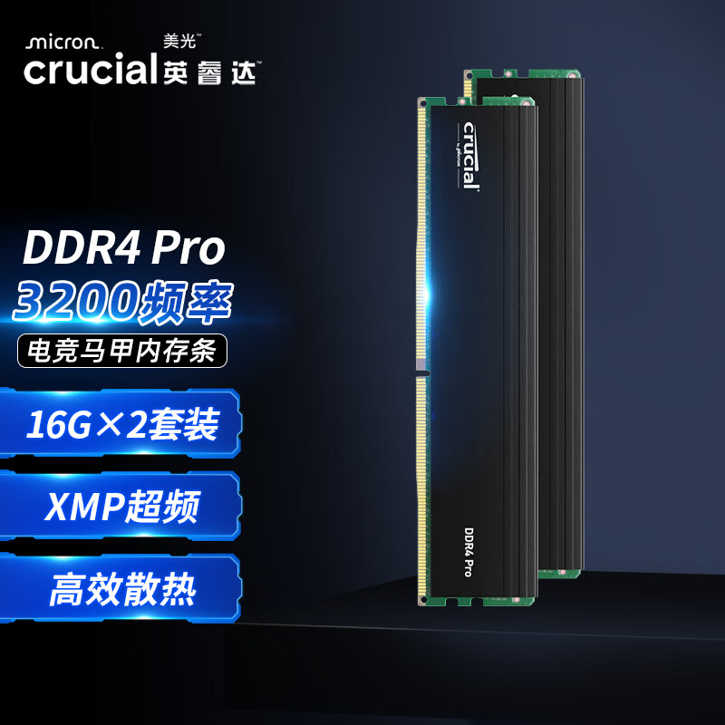 Crucial 英睿达 铂胜系列 C9BLH DDR4 3600MHz 台式机内存 马甲条 黑色 32GB 16GBx2 299