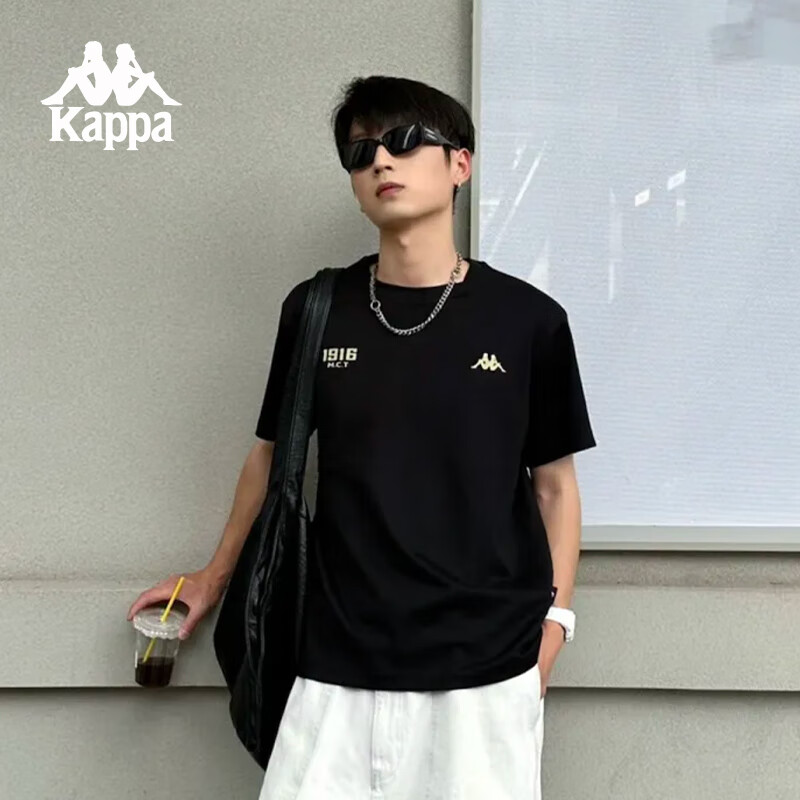 Kappa 卡帕 1916经典复古短袖新款男纯棉运动T恤休闲圆领半袖夏 K0D32TD21V 黑色-