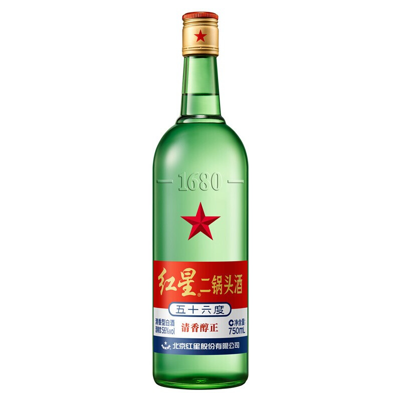 88VIP：红星 二锅头56度绿瓶大二750ml*1瓶清香型固态纯粮发酵白酒口粮酒 1件