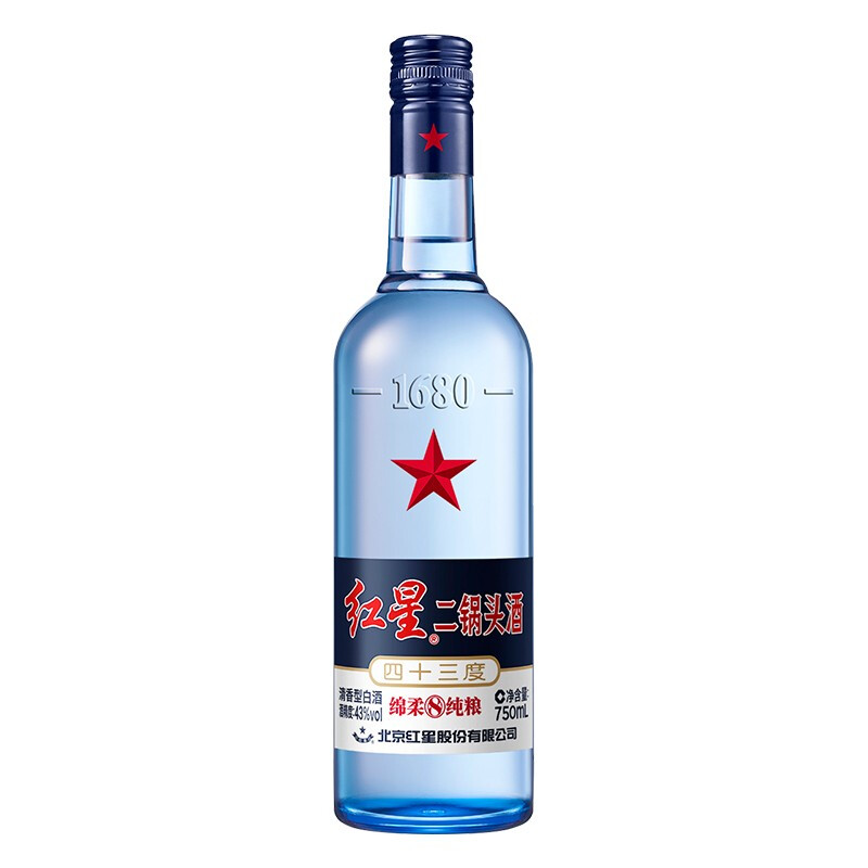 88VIP：红星 北京红星二锅头蓝瓶绵柔8纯粮43度750ml单瓶装清香型高度白酒国