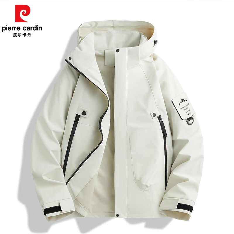 皮尔·卡丹 皮尔卡丹春秋单冲山系户外冲锋衣男女同款连帽运动外套 米白 3X